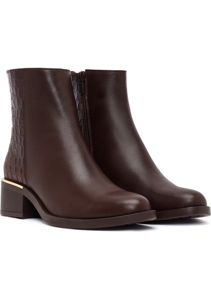 Kadın Kahverengi Fermuarlı Kısa Kalın Topuklu Deri Bot 25WFD360714 fırsatları