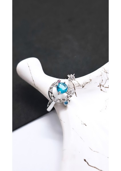 Mavi Hilal Taşlı Çelik Kaplama Yüzük fırsatları