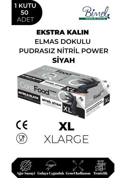 Corefood Nitril Siyah Power Pudrasız Muayene Eldiveni Xl - 1 Paket 50 Li