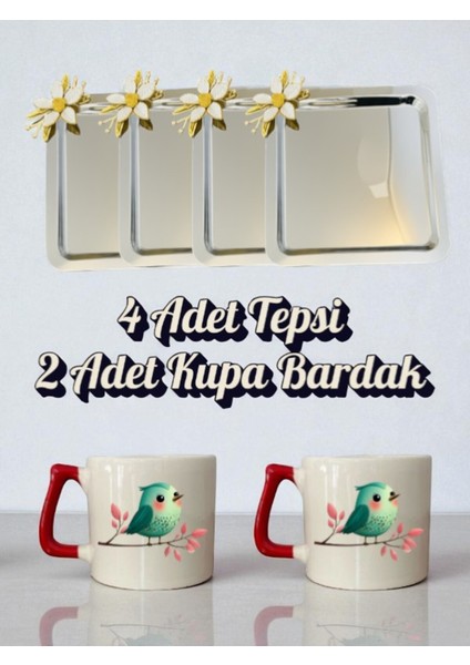 4'lü Papatyalı Tepsi Kahve Sunum Tepsisi 21X21 cm - 2'li Kuşlu Kahve Bardağı Kupa Bardak