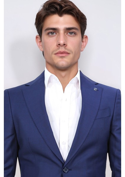 Slim Fit Mono Yaka Koyu Mavi Takım Elbise