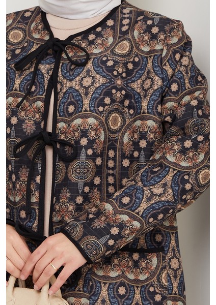 Etnik Desen Bağlamalı Kapitone Ceket 1618 - Siyah indirimleri