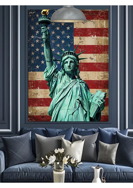 Amerikan Bayrağı Altında Özgürlük Heykeli Dekoratif Kanvas - Mdf Ahşap Tablo