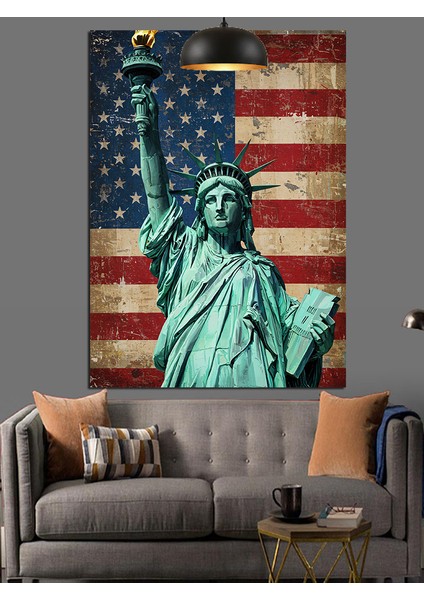 Amerikan Bayrağı Altında Özgürlük Heykeli Dekoratif Kanvas - Mdf Ahşap Tablo fiyatları