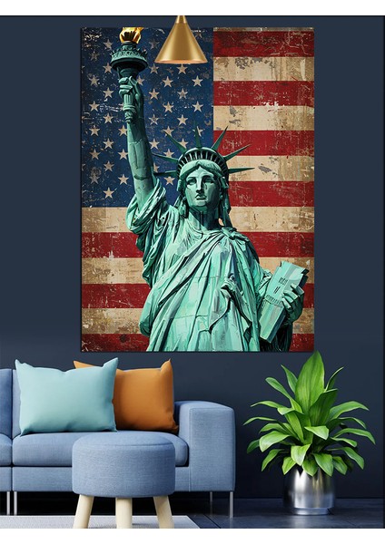 Amerikan Bayrağı Altında Özgürlük Heykeli Dekoratif Kanvas - Mdf Ahşap Tablo modelleri