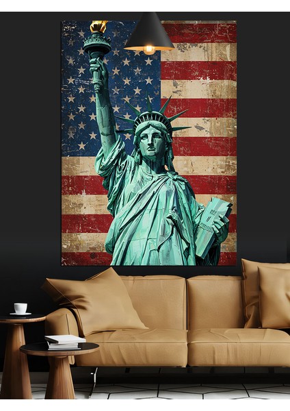 Amerikan Bayrağı Altında Özgürlük Heykeli Dekoratif Kanvas - Mdf Ahşap Tablo fırsatları