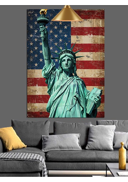 Amerikan Bayrağı Altında Özgürlük Heykeli Dekoratif Kanvas - Mdf Ahşap Tablo indirimleri