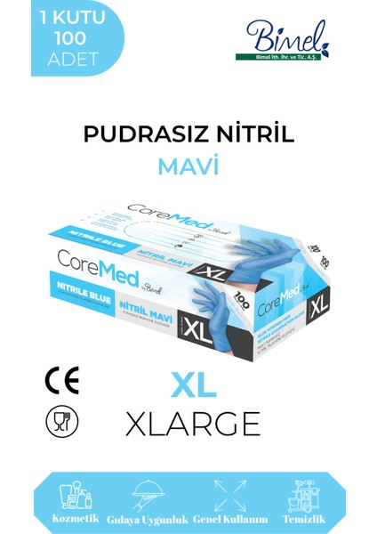 Coremed Nitril Mavi Muayene Eldiveni Xl - 1 Paket 100 Lü