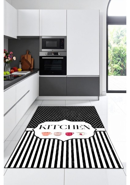 Stil Sahibi Mutfaklara Özel Çizgili ve Illüstrasyonlu Siyah Beyaz Kaymaz Taban Halı fiyatları