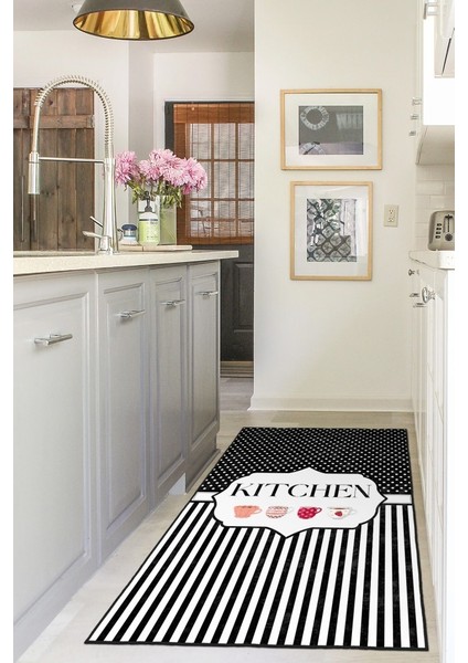 Stil Sahibi Mutfaklara Özel Çizgili ve Illüstrasyonlu Siyah Beyaz Kaymaz Taban Halı modelleri