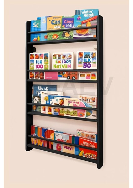 Ahşap Montessori Kitaplık Rafı 4 Bölmeli 120X60X9 cm Duvara Monte Eğitici Çocuk Odası Kitaplığı Siyah