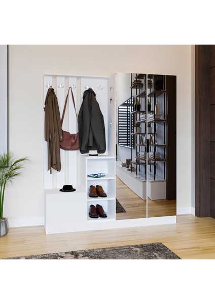 Parilla White Vestiyer Portmanto Ayakkabılık Aynalı