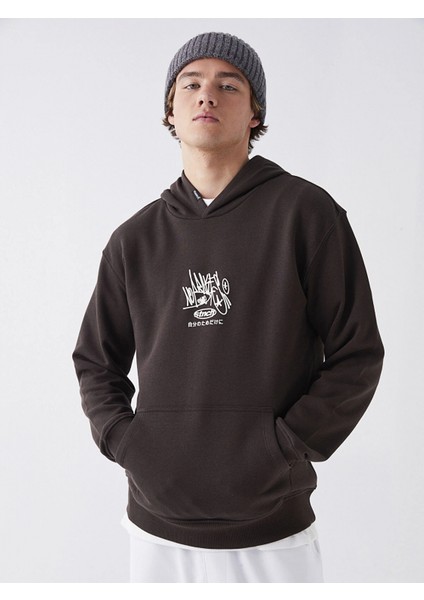 Xsıde Kahverengi Uzun Kollu Baskılı Erkek Kalın Hoodie