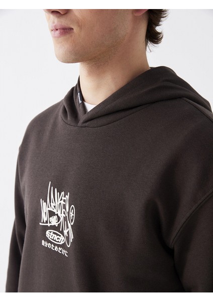 Xsıde Kahverengi Uzun Kollu Baskılı Erkek Kalın Hoodie modelleri