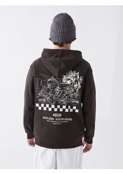 Xsıde Kahverengi Uzun Kollu Baskılı Erkek Kalın Hoodie indirimleri