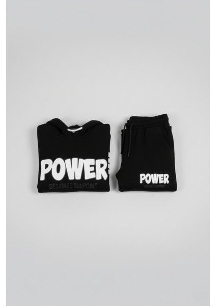"power" Baskılı, Kolları Çizgili Siyah Kapüşonlu Çocuk Eşofman Takımı indirimleri