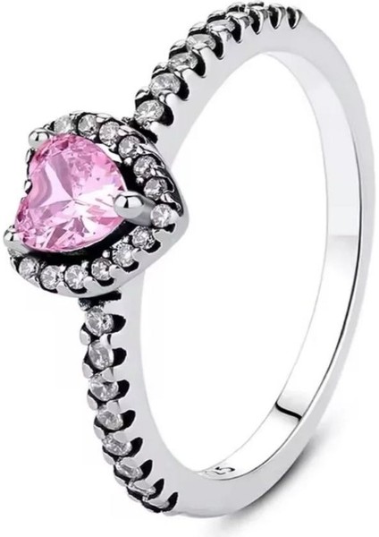 Zirkon Taşlı Yükseltilmiş Pembe Kalp Detaylı S925 Ayar Yüzük