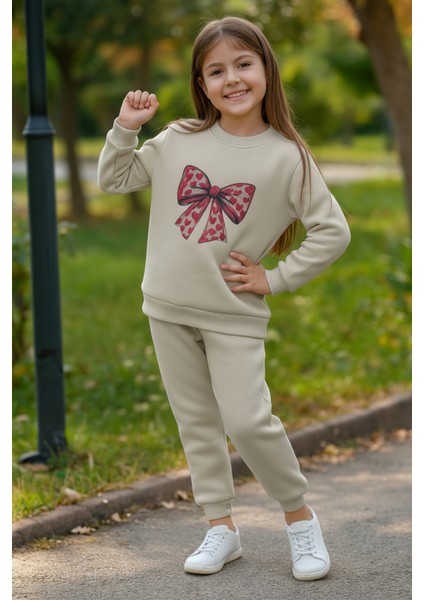 Kız Çocuk 3 Iplik Içi Şardonlu Alt Üst Eşofman Takımı Kurdele Baskılı