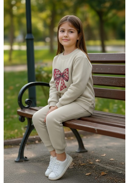 Kız Çocuk 3 Iplik Içi Şardonlu Alt Üst Eşofman Takımı Kurdele Baskılı fiyatları