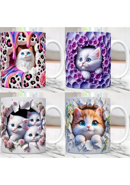 4'lü Kedi Baskılı 3D Efekli Hediyelik Porselen Kupa Bardak
