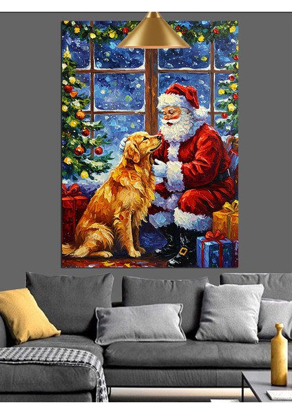 Noel Baba Köpeğiyle Birlikte Oturuyor Dekoratif Kanvas - Mdf Ahşap Tablo indirimleri