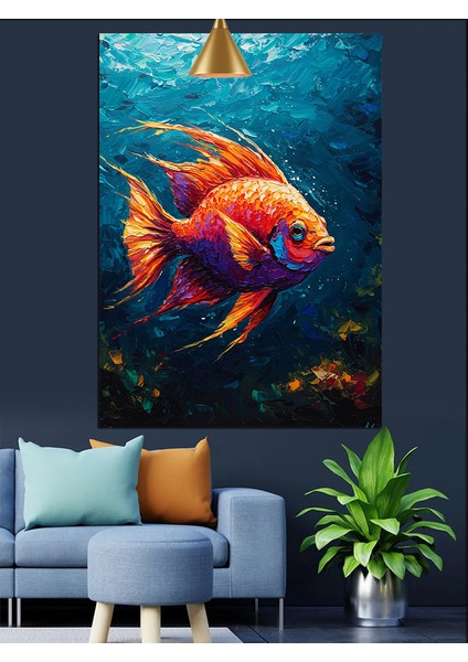Tek Başına Yüzen Turuncu Akvaryum Balığı Dekoratif Kanvas - Mdf Ahşap Tablo