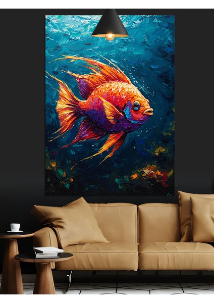 Tek Başına Yüzen Turuncu Akvaryum Balığı Dekoratif Kanvas - Mdf Ahşap Tablo fiyatları