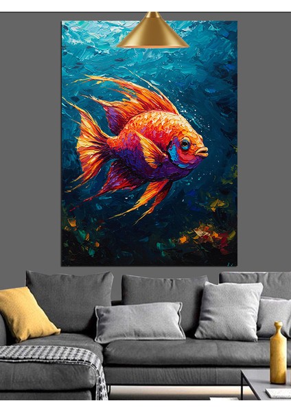 Tek Başına Yüzen Turuncu Akvaryum Balığı Dekoratif Kanvas - Mdf Ahşap Tablo modelleri