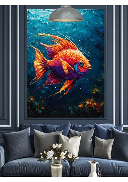 Tek Başına Yüzen Turuncu Akvaryum Balığı Dekoratif Kanvas - Mdf Ahşap Tablo fırsatları