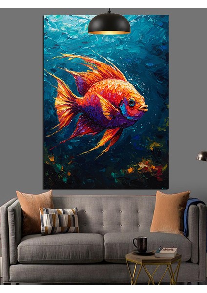 Tek Başına Yüzen Turuncu Akvaryum Balığı Dekoratif Kanvas - Mdf Ahşap Tablo indirimleri