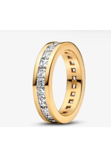 Gold Renk Zirkon Detaylı Tam Tur Kanallı S925 Ayar Yüzük