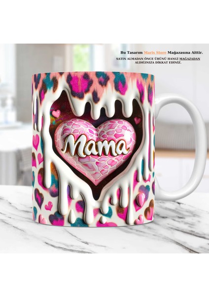 Pembe Kalp Mama Baskılı 3D Efektli Anneler Gününe Özel Hediyelik Kupa