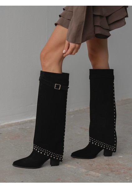 Codin Siyah Süet Troklu Hakiki Deri Kadın Çizme