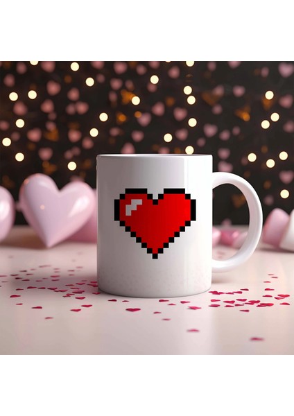 Oyun Hediyesi Pixel Kalp Çay Kahve Sevenler Kişiye Özel Kupa Doğum Günü, Sevgililer Günü Kupa Bardak