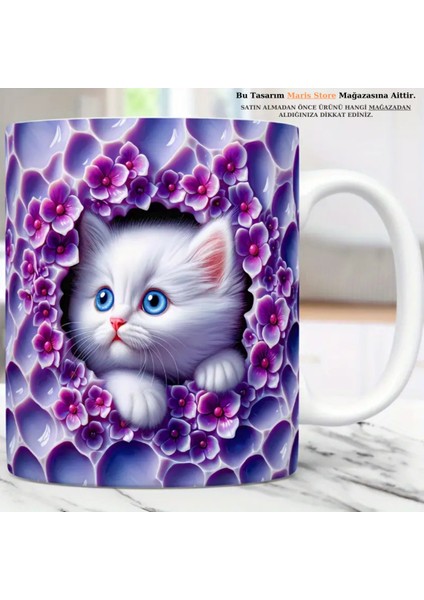 Mor Kedi Baskılı 3D Efekli Hediyelik Kupa Bardak