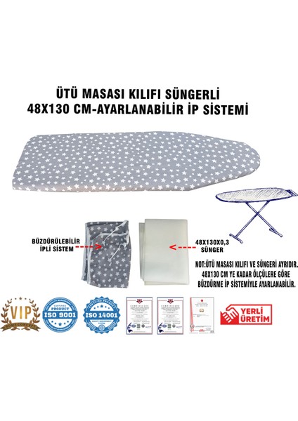 Ütü Masası Kılıfı Vip 48X130 Cm-Süngerli Ütü Bezi Ütü Masası Bezi-Gri Yıldız
