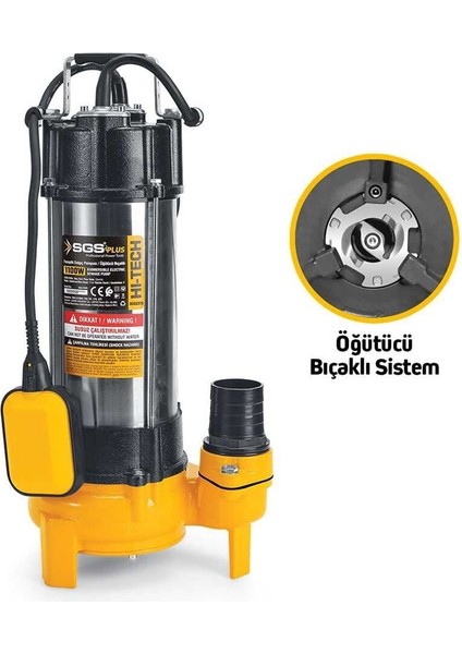SGS5375 - 12 Metre 1.5 Hp Inox Foseptik Dalgıç Pompa Parçalayıcı Öğütücü Bıçaklı 1100 Watt