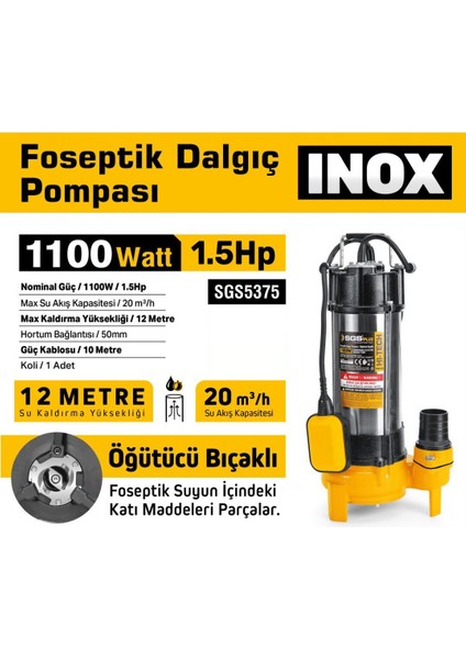 SGS5375 - 12 Metre 1.5 Hp Inox Foseptik Dalgıç Pompa Parçalayıcı Öğütücü Bıçaklı 1100 Watt fiyatları