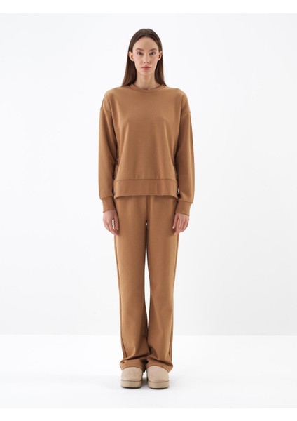 Kadın Camel Pamuk Dokulu Oversize Sweatshirt