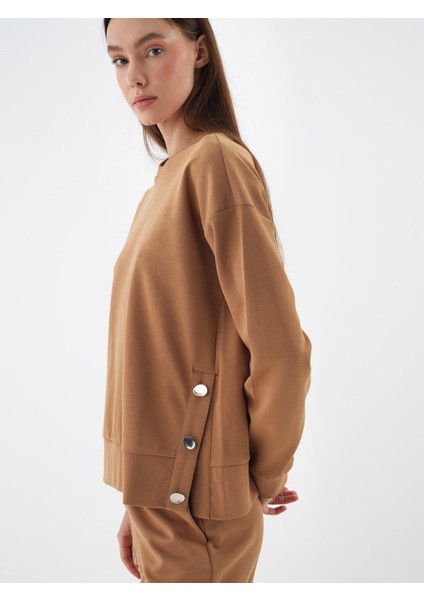 Kadın Camel Pamuk Dokulu Oversize Sweatshirt
