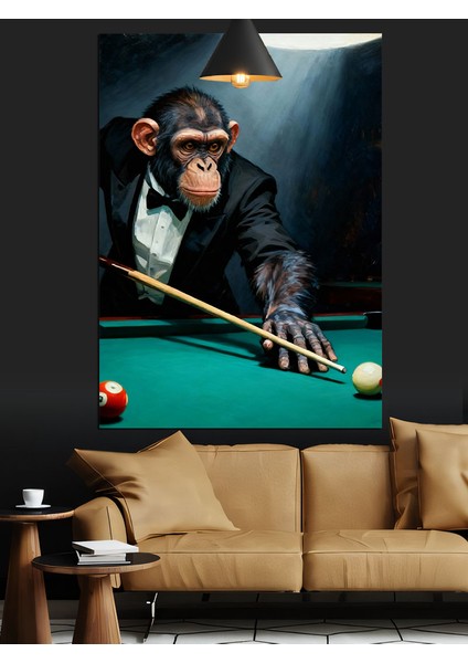 Bilardo Oynayan Şempanze Hayvanı Dekoratif Kanvas - Mdf Ahşap Tablo modelleri