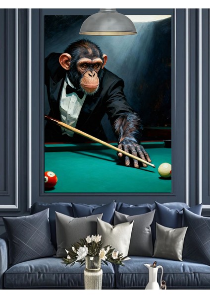 Bilardo Oynayan Şempanze Hayvanı Dekoratif Kanvas - Mdf Ahşap Tablo indirimleri