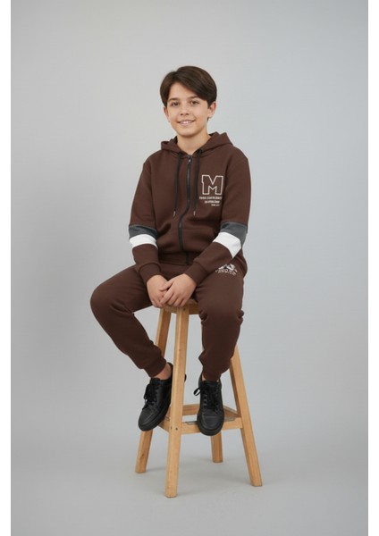 Çocuk Kahverengi Baskılı Fermuarlı Eşofman Takımı