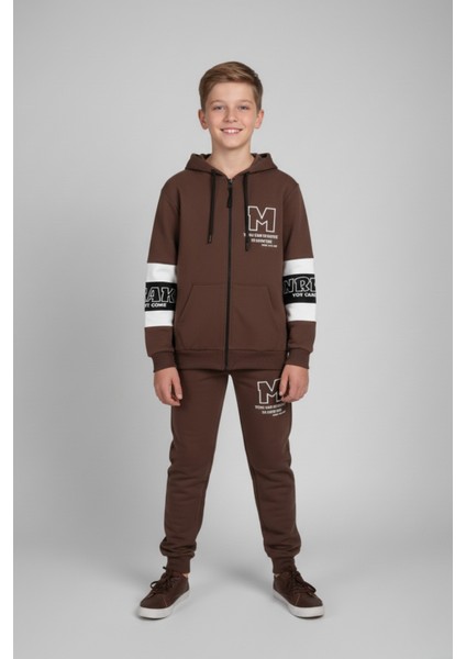 Çocuk Kahverengi Baskılı Fermuarlı Eşofman Takımı modelleri