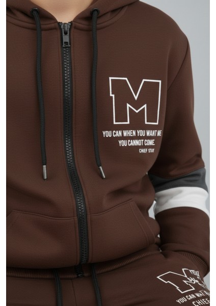 Çocuk Kahverengi Baskılı Fermuarlı Eşofman Takımı