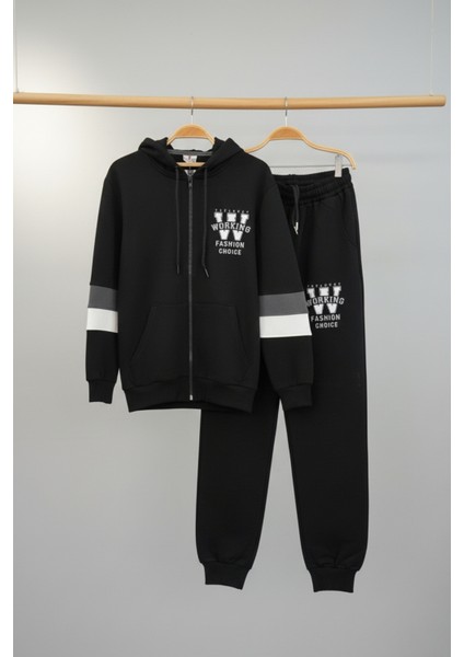 Fermuarlı Kapüşonlu Blok Detaylı Siyah Erkek Çocuk Eşofman Takımı