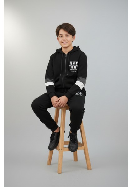 Fermuarlı Kapüşonlu Blok Detaylı Siyah Erkek Çocuk Eşofman Takımı fiyatları