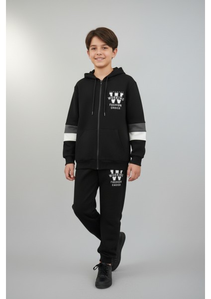 Fermuarlı Kapüşonlu Blok Detaylı Siyah Erkek Çocuk Eşofman Takımı modelleri