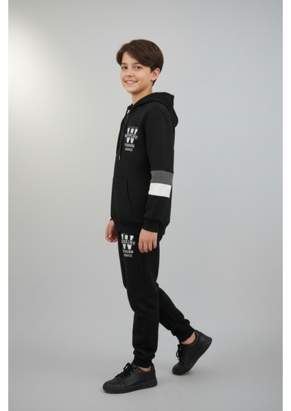 Fermuarlı Kapüşonlu Blok Detaylı Siyah Erkek Çocuk Eşofman Takımı fırsatları