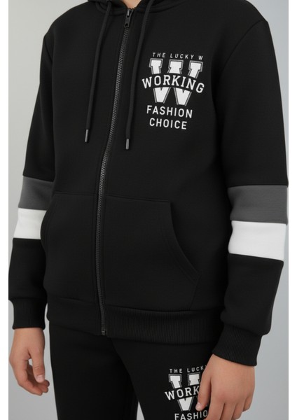 Fermuarlı Kapüşonlu Blok Detaylı Siyah Erkek Çocuk Eşofman Takımı